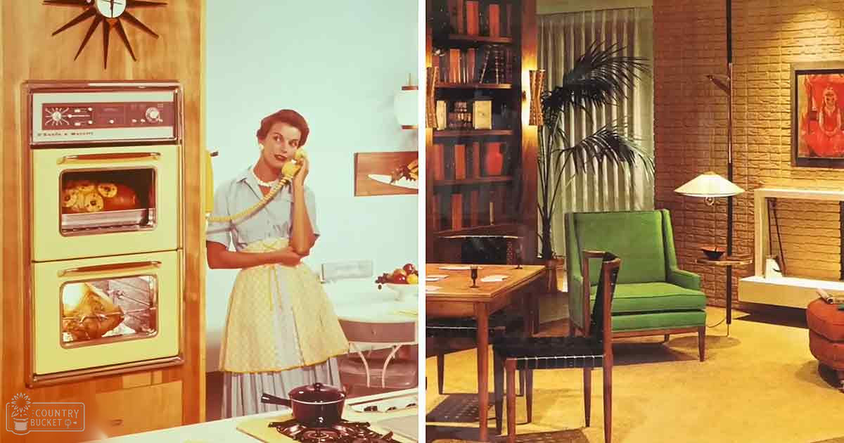 An adult female wearing a light blue dress with a yellow apron stands in a mid-20th century kitchen setting, surrounded by home decor and a palm tree.