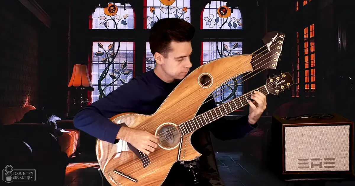 A young adult male plays a wooden mandolin in a cozy indoor setting with stained glass windows, natural daylight filtering through.