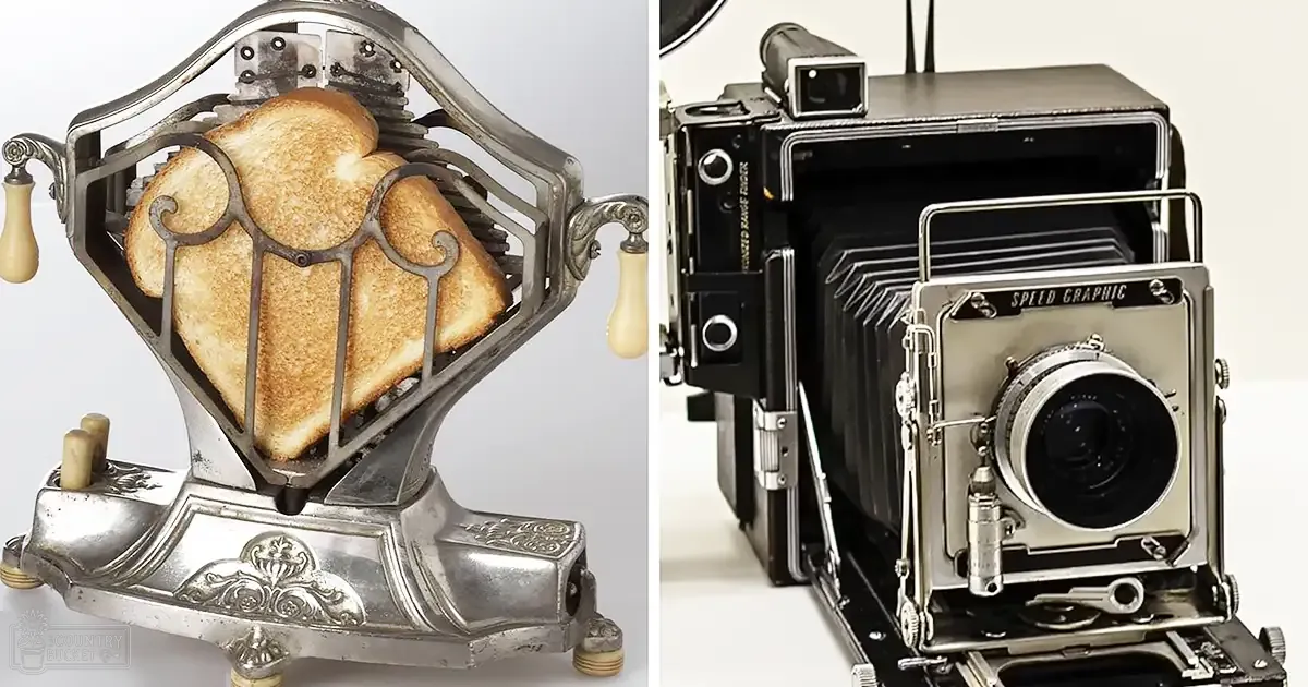 Decorative vintage toaster with toast inside it and an old-fashioned camera labeled 'Speed Graphic' on a white surface or table indoors.