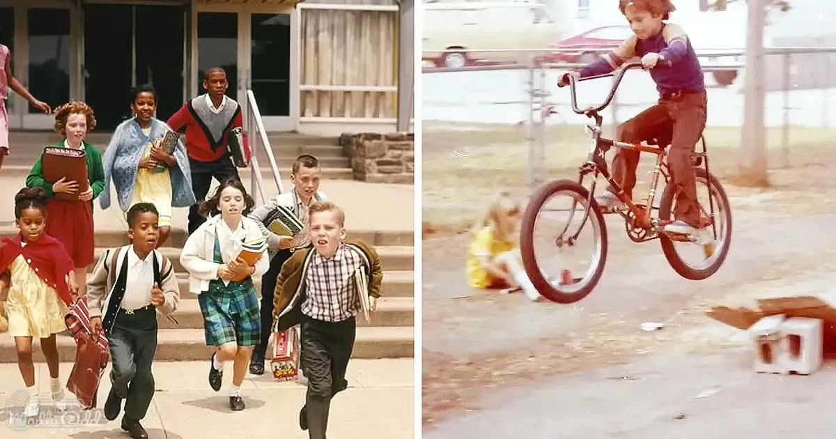 Children leaving school, carrying books and folders; a young boy rides a bicycle with training wheels outside the school.