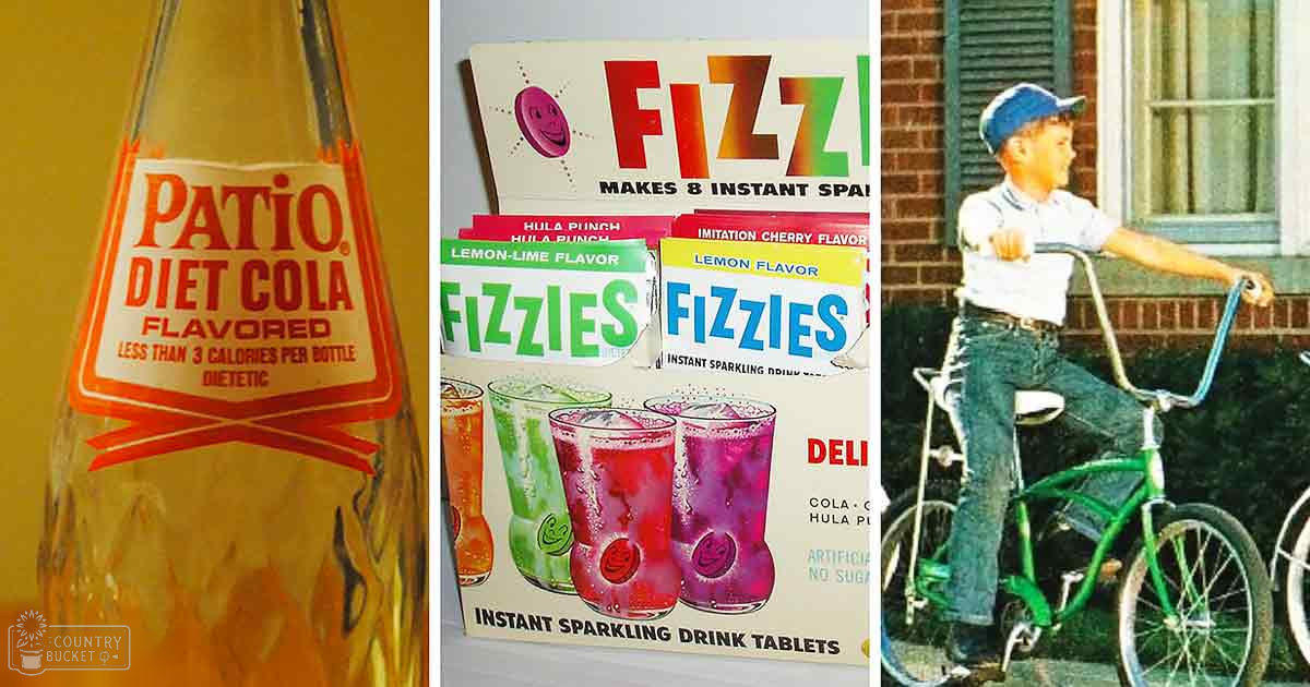 Child wearing white collared shirt with rolled-up sleeves, dark blue jeans and black shoes, holding a green bicycle in an urban residential area. Patio Diet Cola bottle and Fizzies drink tablets are visible.