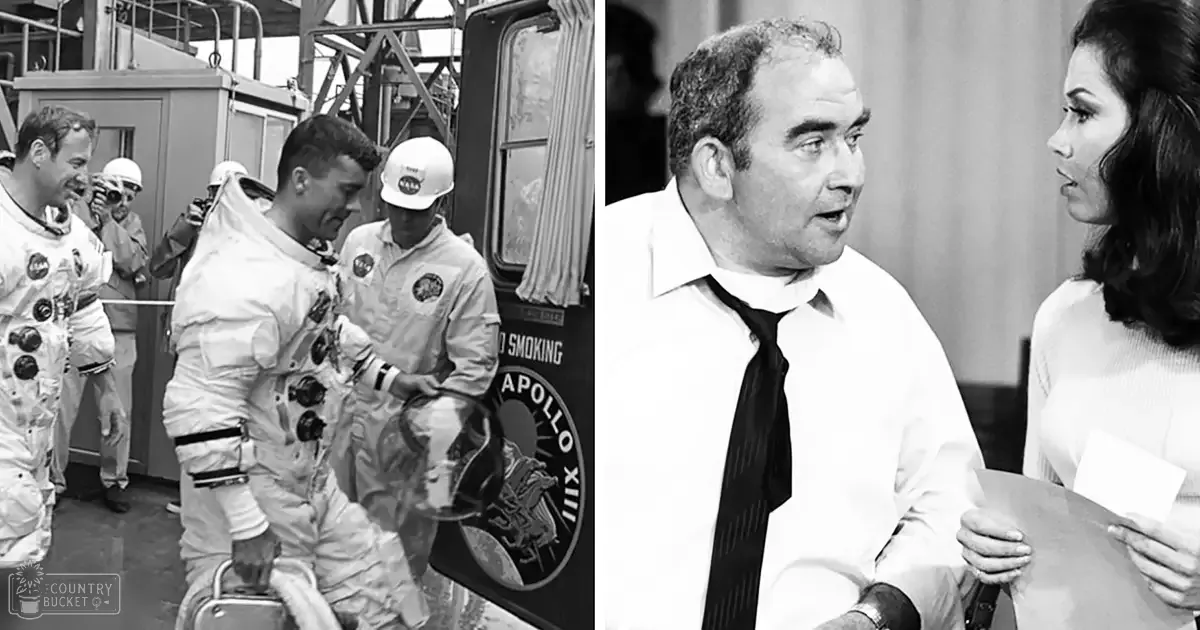 Two astronauts in white space suits prepare for Apollo XIII at a NASA facility, with ground crew and equipment visible; an adult male holding notes or scripts appears in another scene, suggesting preparation activities.