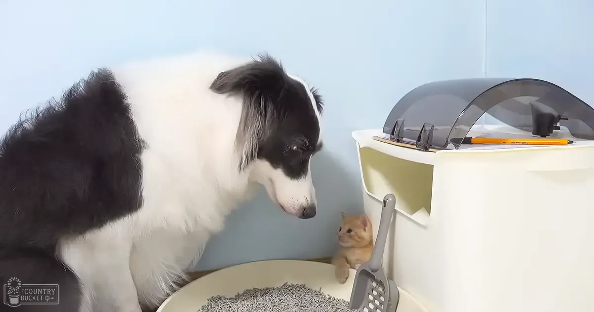 A black-and-white Border Collie dog and an orange tabby kitten in a home setting with light blue walls, cat litter, and grooming tools.
