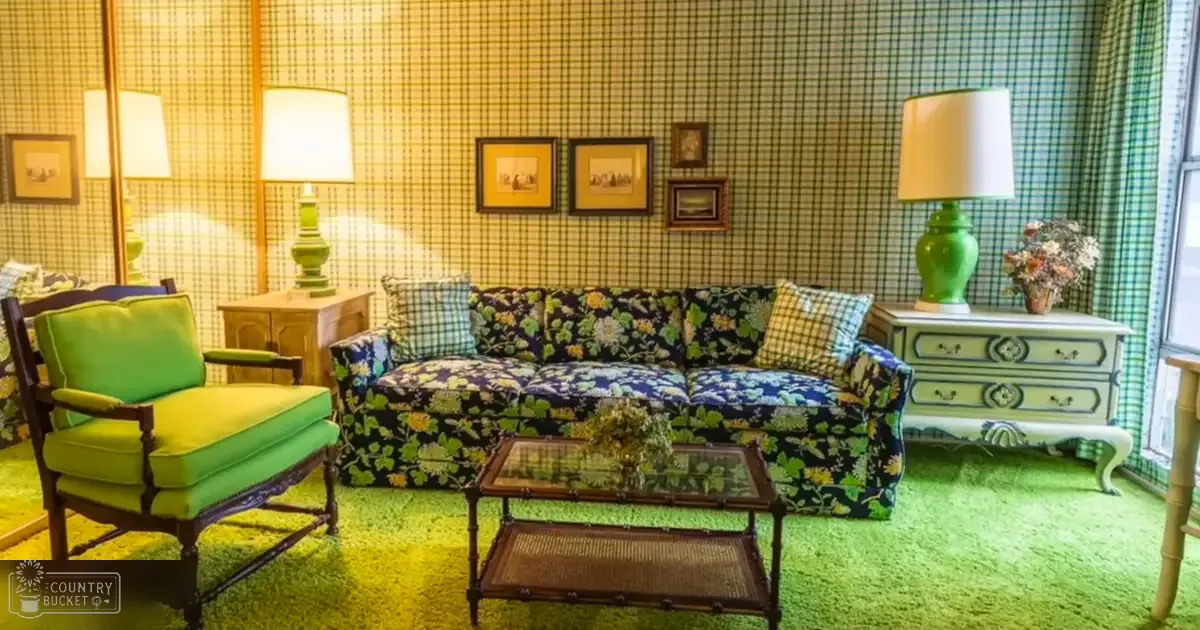 A retro-style living room scene with floral-patterned sofa, green armchairs, glass-top coffee table, ornate dresser, and checkered wallpaper in natural light.