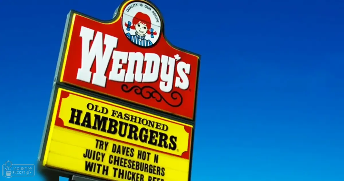 A Wendy's sign advertising Old Fashioned Hamburgers under a clear blue sky, suggesting it might be daytime during spring or summer.