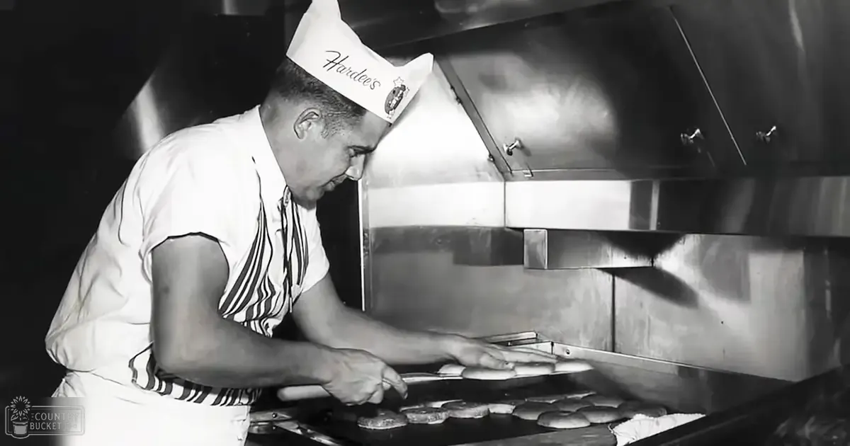 An adult male chef at Hardee's wearing a mid-20th-century uniform, working in an industrial kitchen with a grill and cooking patties.