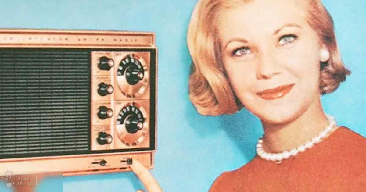 An older adult female in a mid-20th century vintage advertisement, wearing a red fitted garment with long sleeves and pearl accessories, standing indoors against a blue background.