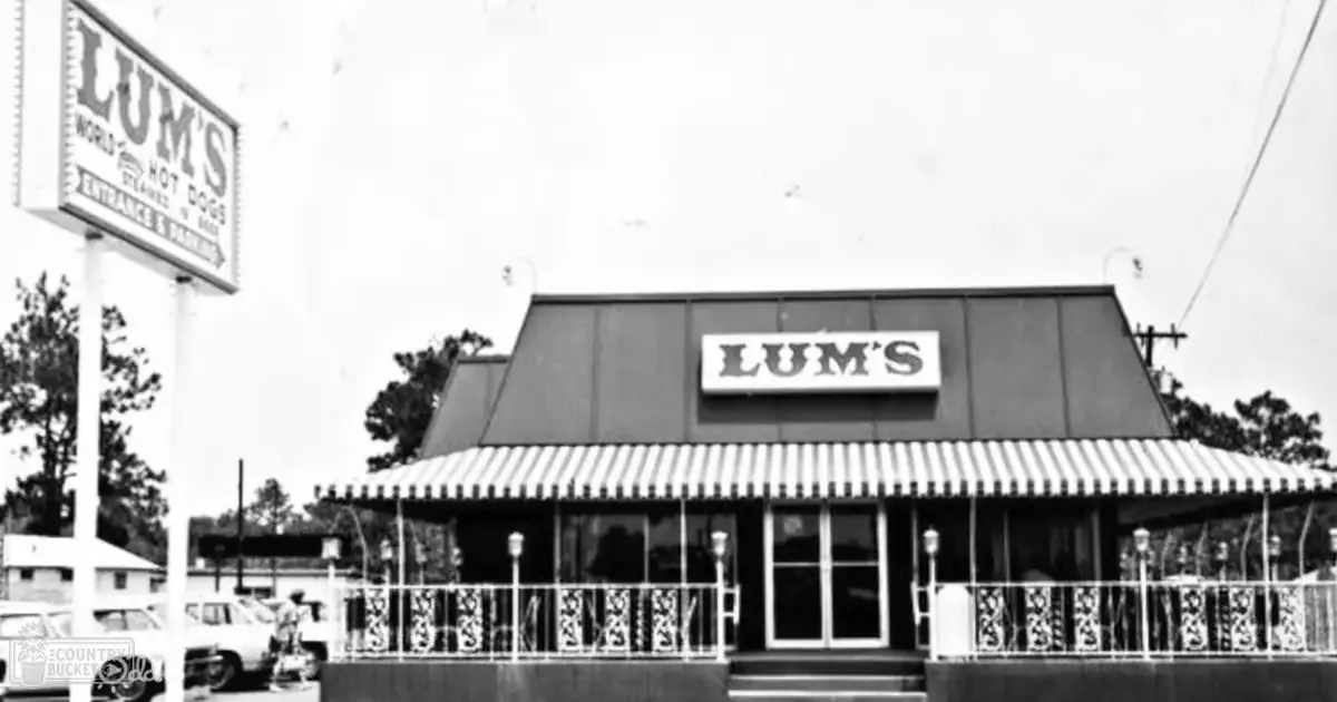 Monochromatic outdoor scene at Lum's restaurant with clear sky, trees, parked cars, and signs reading 'LUM'S' and 'WORLD FAMOUS HOT DOGS STEAMED IN BAGS'.