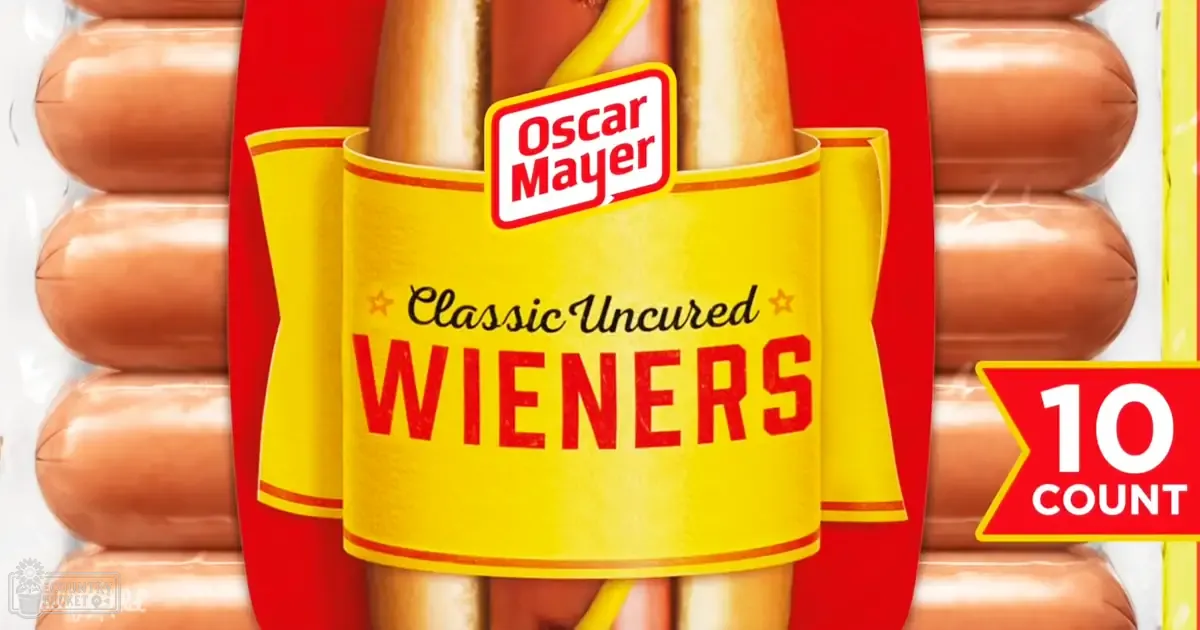 Close-up of Oscar Mayer Classic Uncured Wieners package in grocery store aisle with artificial lighting.