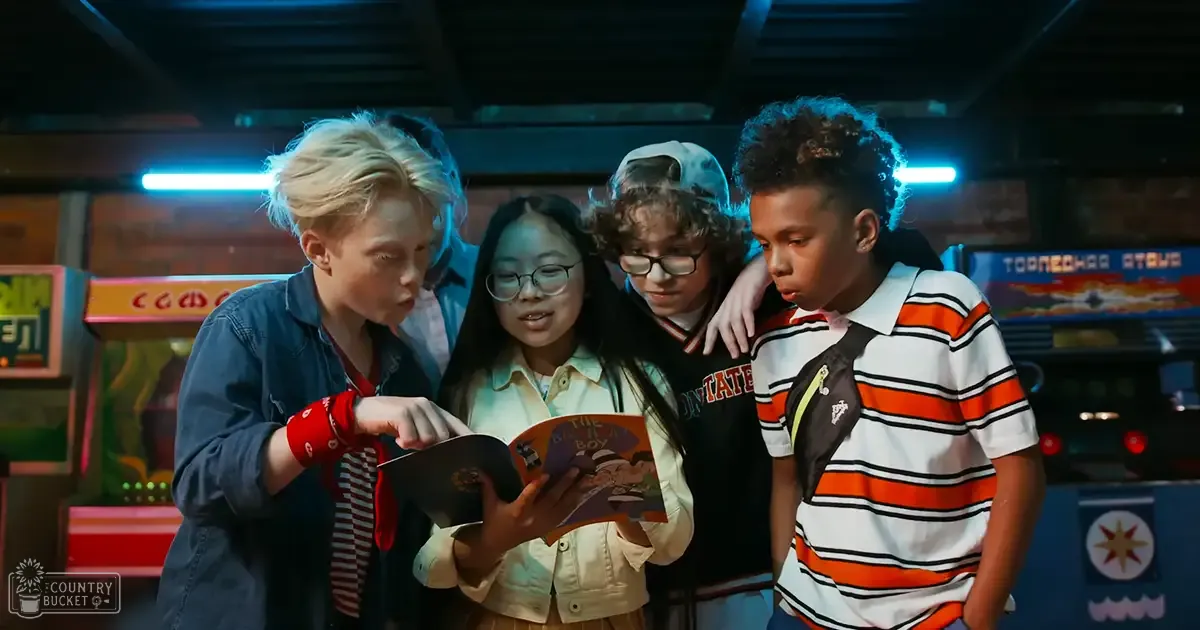 A group of children in modern casual wear at an arcade with neon lights and gaming machines.
