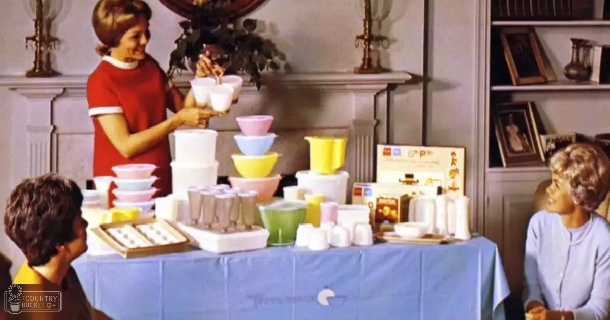Adult female presenting kitchenware to child and another adult female indoors with blue tablecloth and decorative mantel in home setting, daytime natural light.