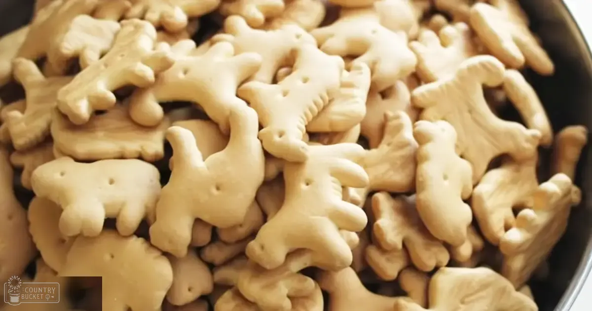 Animal-shaped crackers on a dark surface in an indoor kitchen setting with even bright lighting.