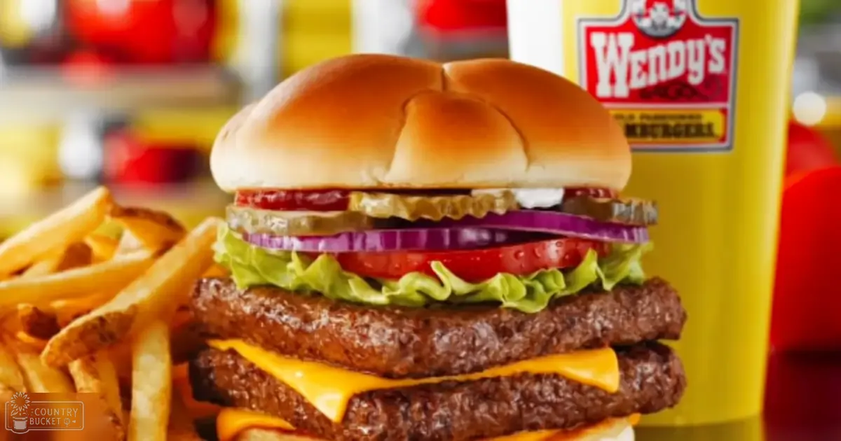 Double cheeseburger with lettuce, tomato slices, red onion rings, pickles on a sesame seed bun; yellow Wendy's cup next to it; fries on the side in a fast-food restaurant setting.