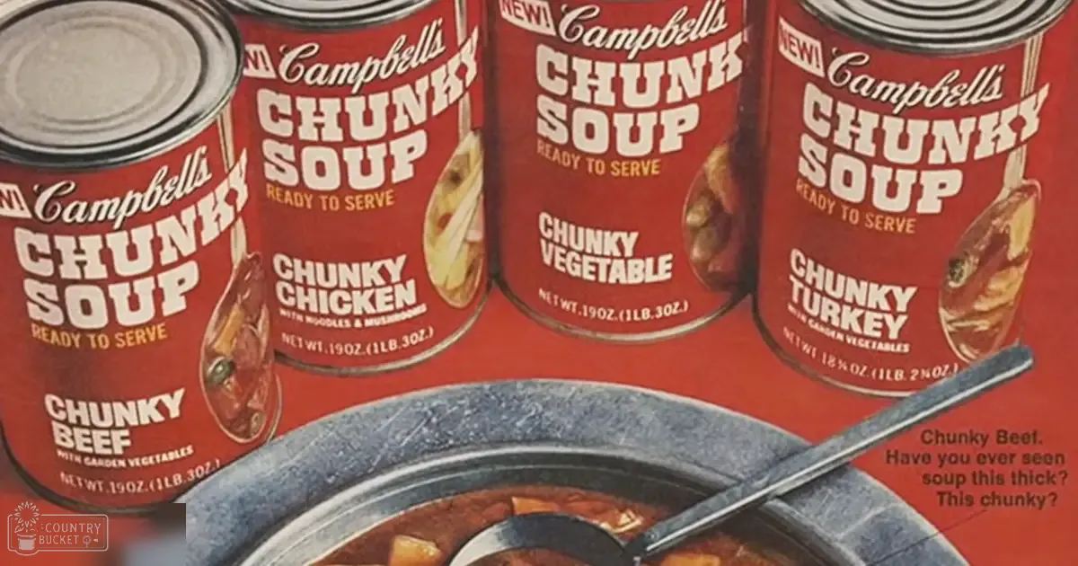 Campbell's Chunky Soup advertisement with various flavors like Beef, Chicken, Vegetable, and Turkey. Cans labeled 'Ready to Serve' with 19 ounces each are displayed against a red background with the Campbell's logo.