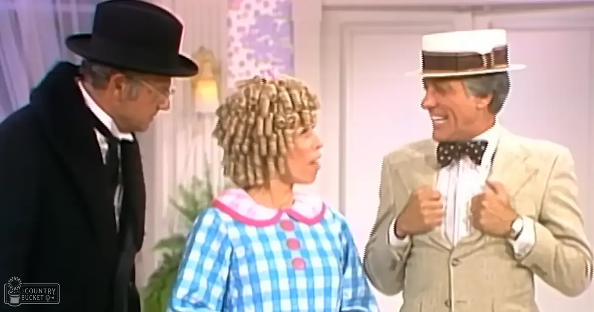 A comedic scene indoors with older adults in suits and a child in a checkered dress, suggesting a home environment under bright artificial light.