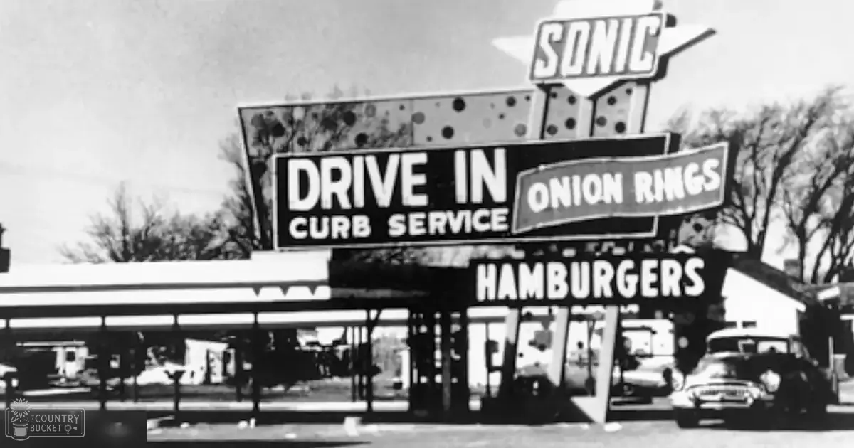 Sonic Drive-In restaurant signage in an urban outdoor setting with a vintage car, clear sky, and leafless trees suggesting late autumn or winter.