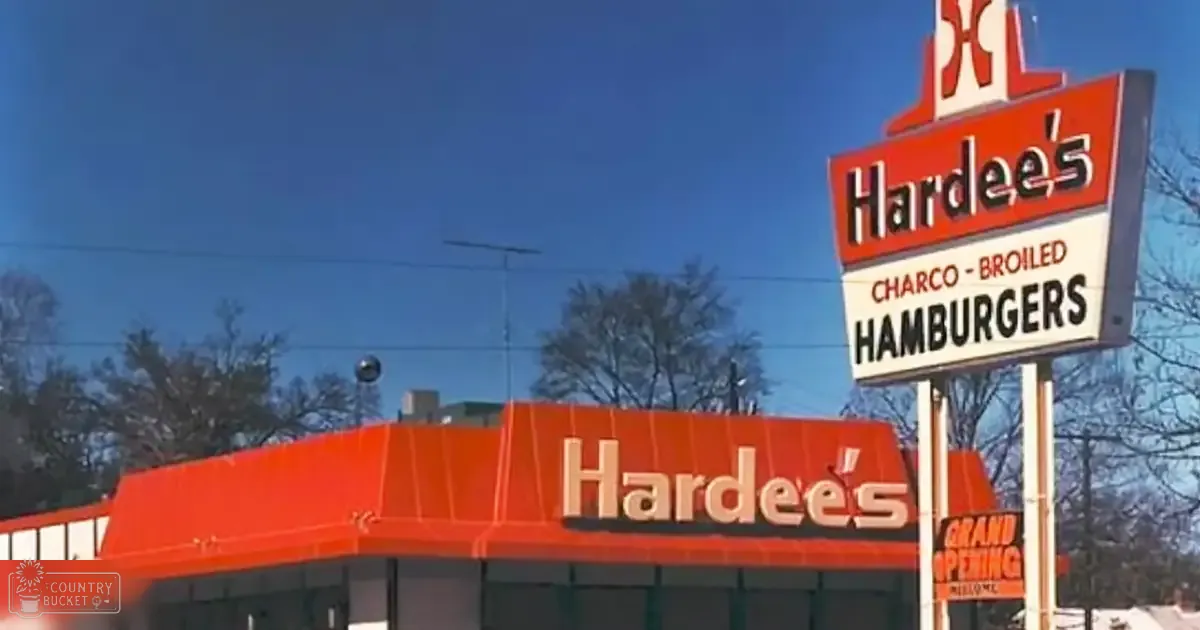 Hardee's restaurant grand opening sign with 'Hardee's CHARCO-BROILED HAMBURGERS' text, orange awning in outdoor setting on a clear blue sky day.