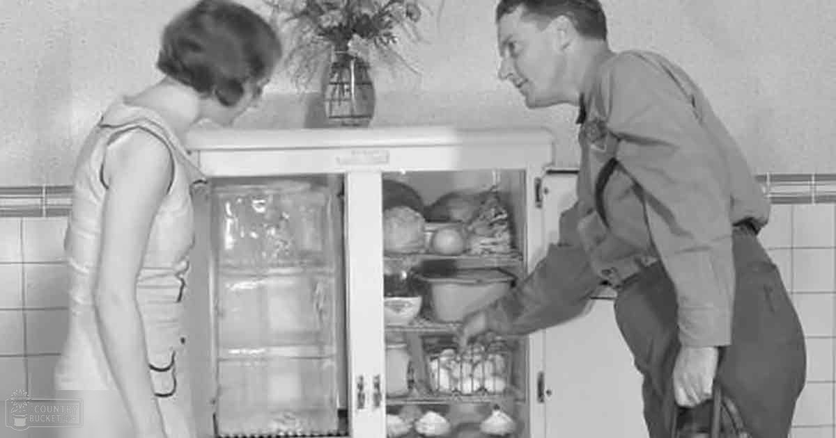 A young girl wearing a sleeveless dress stands beside an adult male in a vintage kitchen setting with tiled walls and a refrigerator stocked with food items.