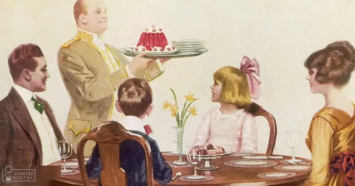 A family dining scene indoors with adults in formal attire and a child, set at a wooden table with yellow flowers and plates of food.