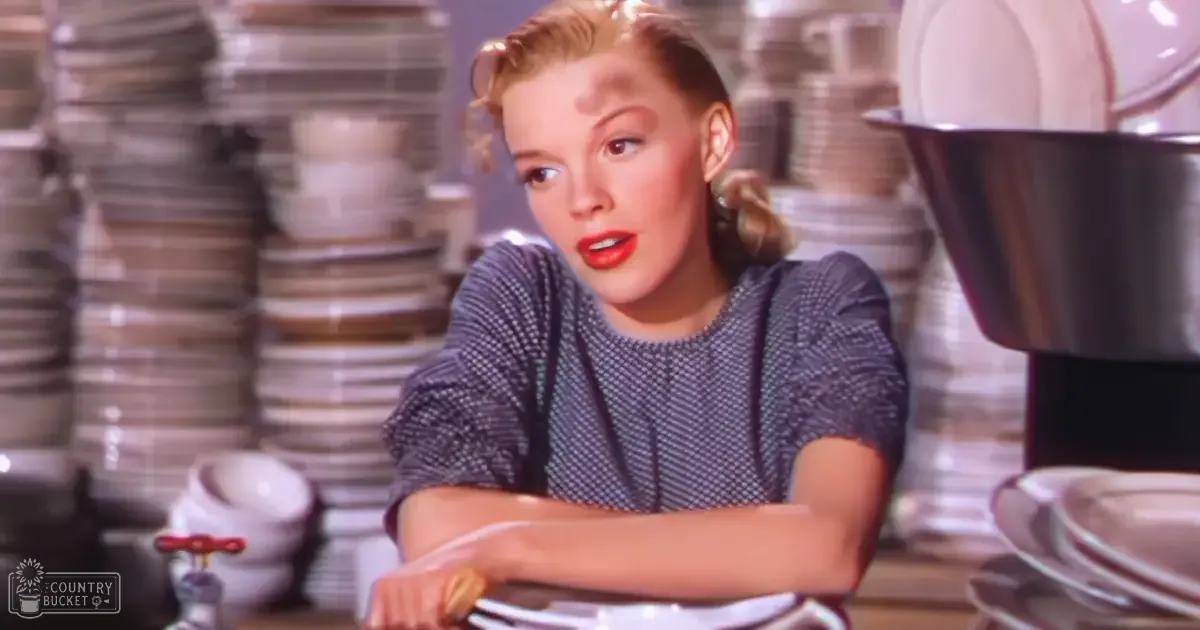 A young adult female in a fitted dark blue polka dot blouse with white apron stands in a kitchen setting with stacks of plates, suggesting a restaurant or diner environment.