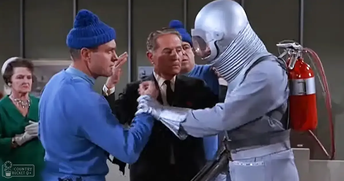 An adult male in a silver space suit with metallic accents and an older man in a blue knit cap and long-sleeved shirt interacting indoors under even lighting.
