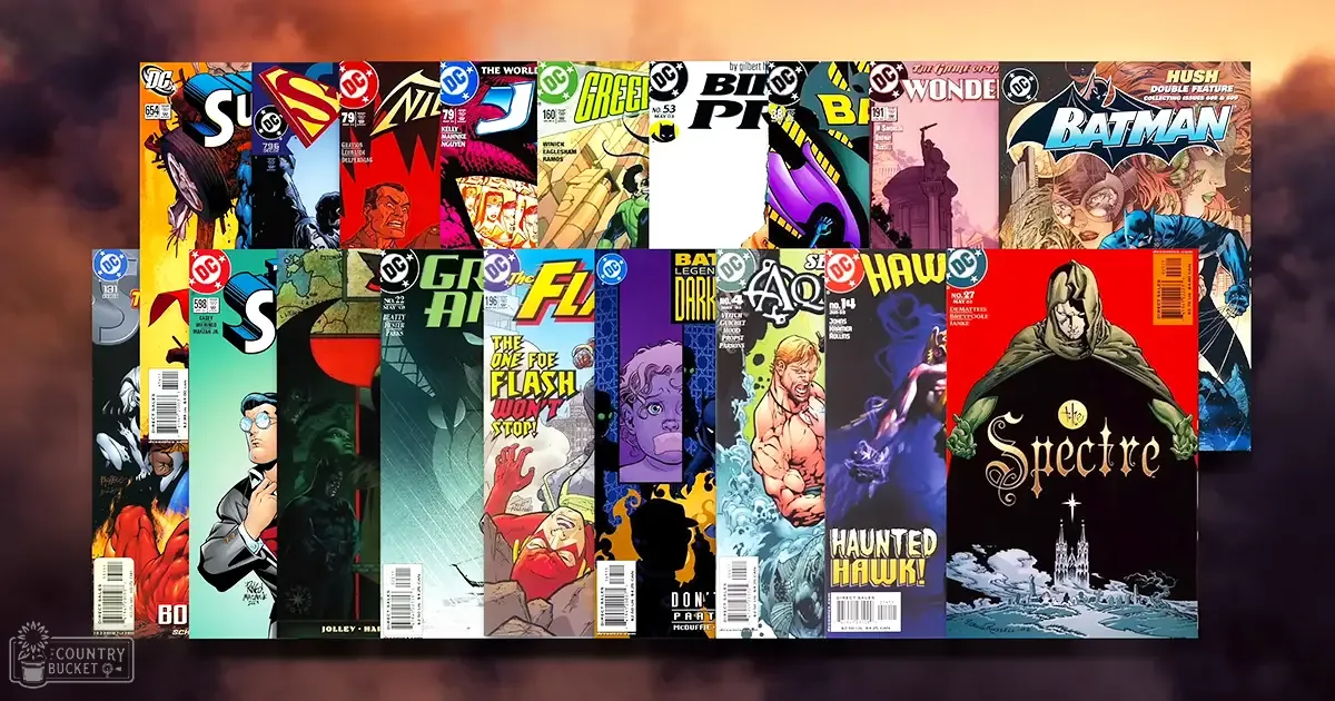 Comic book covers with various DC Comics characters like Superman, Wonder Woman, Batman, Green Arrow, Flash, Aquaman, Spectre against vibrant hues of reds, blues, yellows, greens, purples, and blacks with a gradient background in shades of orange and purple.