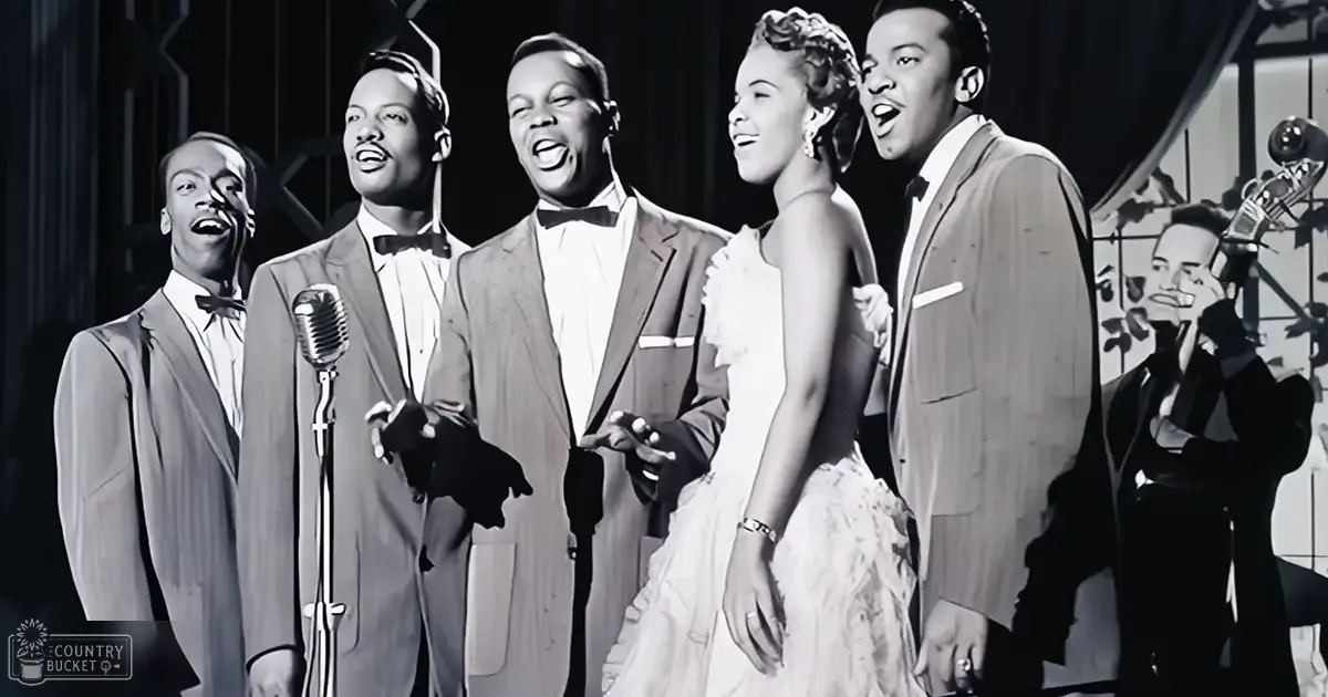 A mid-20th century musical performance scene with adult male and female singers in formal attire, accompanied by a stringed instrument player.