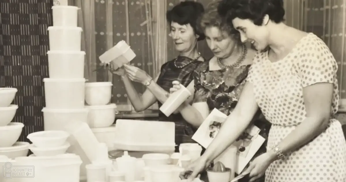Three adult female individuals engaged in food preparation with dark and white patterned dresses, surrounded by stacked white plastic containers; indoor setting with vertical blinds and sepia tone.