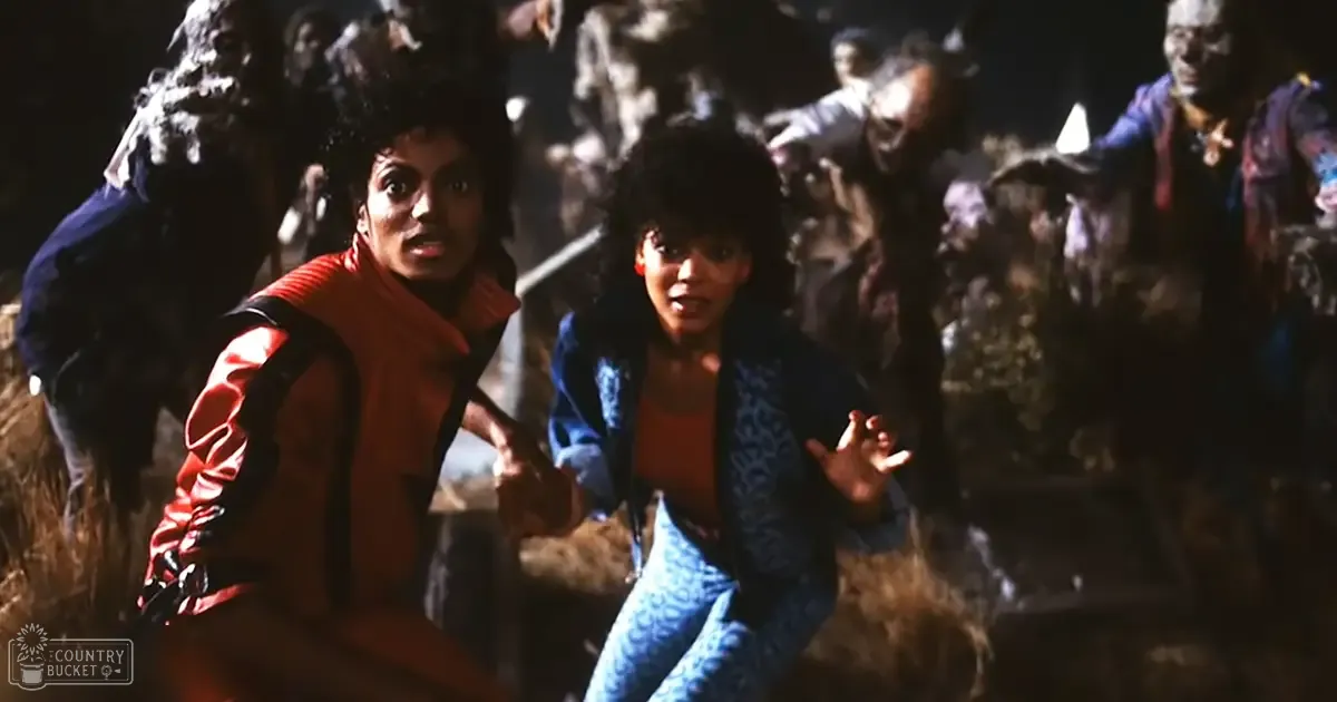 Michael Jackson and a child in a cemetery scene at night, with tombstones and headstones visible.