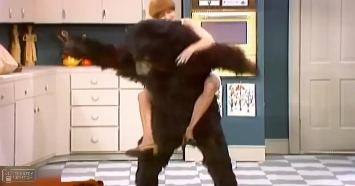 A large black dog, likely an adult Labrador Retriever, interacts with an adult female in a kitchen setting during daylight hours.