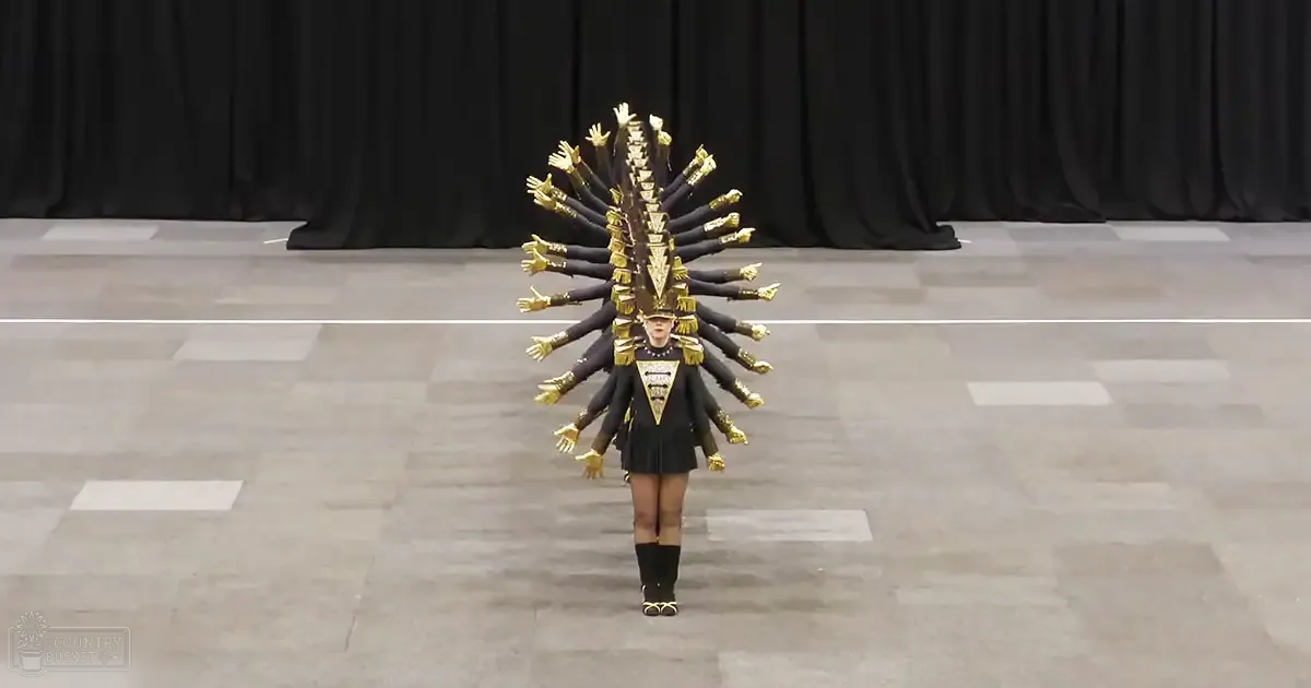 A female performer in a black dress with gold embellishments, wearing a decorative headdress, on stage at a performance venue.