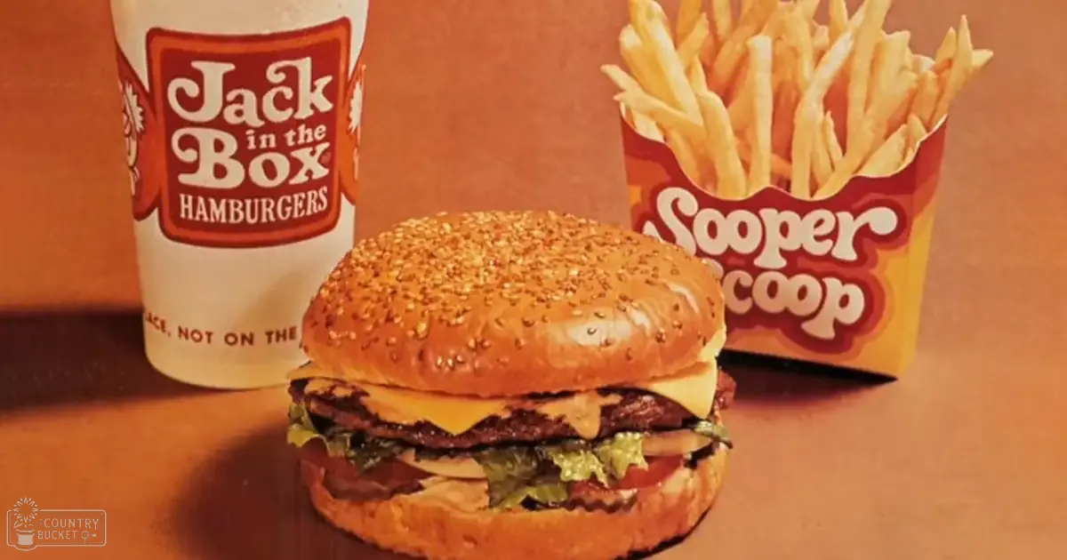 A burger with lettuce, tomato, cheese, and meat layers served on a sesame seed bun in front of 'Jack-in-the-Box Hamburgers' signage at an indoor Jack-in-the-Box restaurant setting