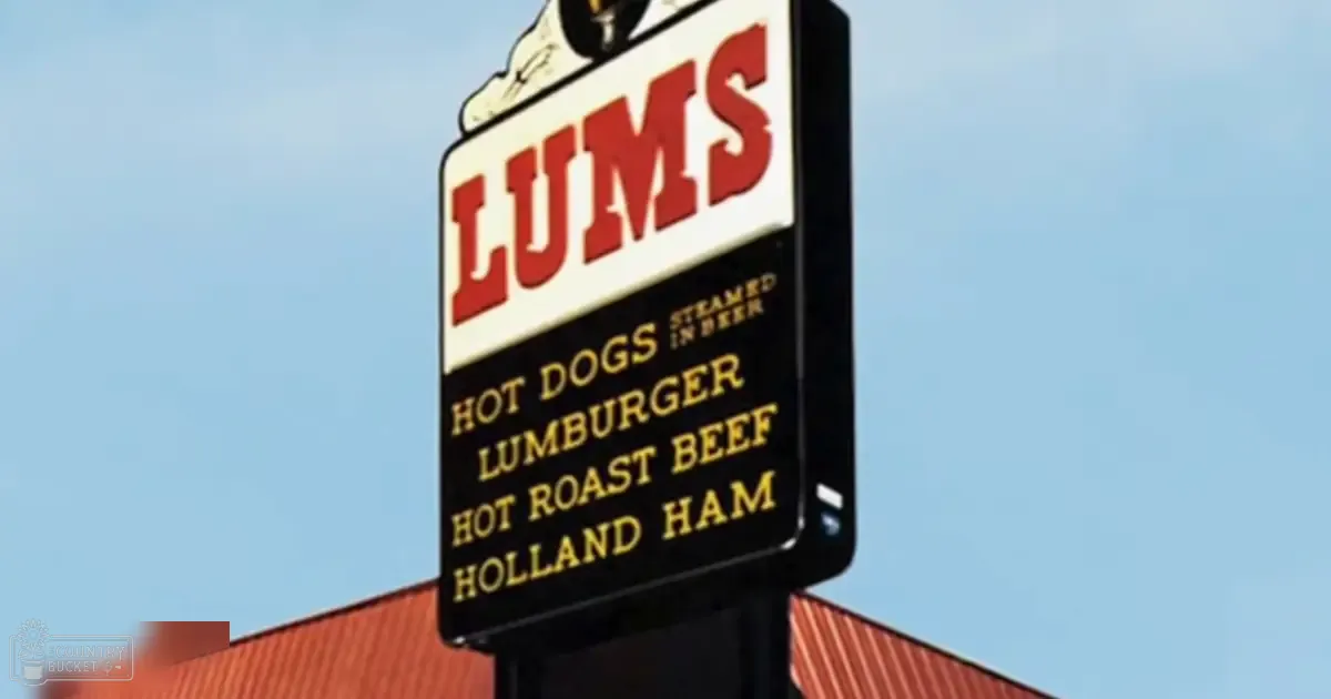 A clear blue sky backdrop with a red-roofed structure and a sign advertising food items like 'LUMS,' 'HOT DOGS STEAMED IN BEER,' 'LUMBURGER,' 'HOT ROAST BEEF,' and 'HOLLAND HAM' in an outdoor setting during daytime, spring or summer