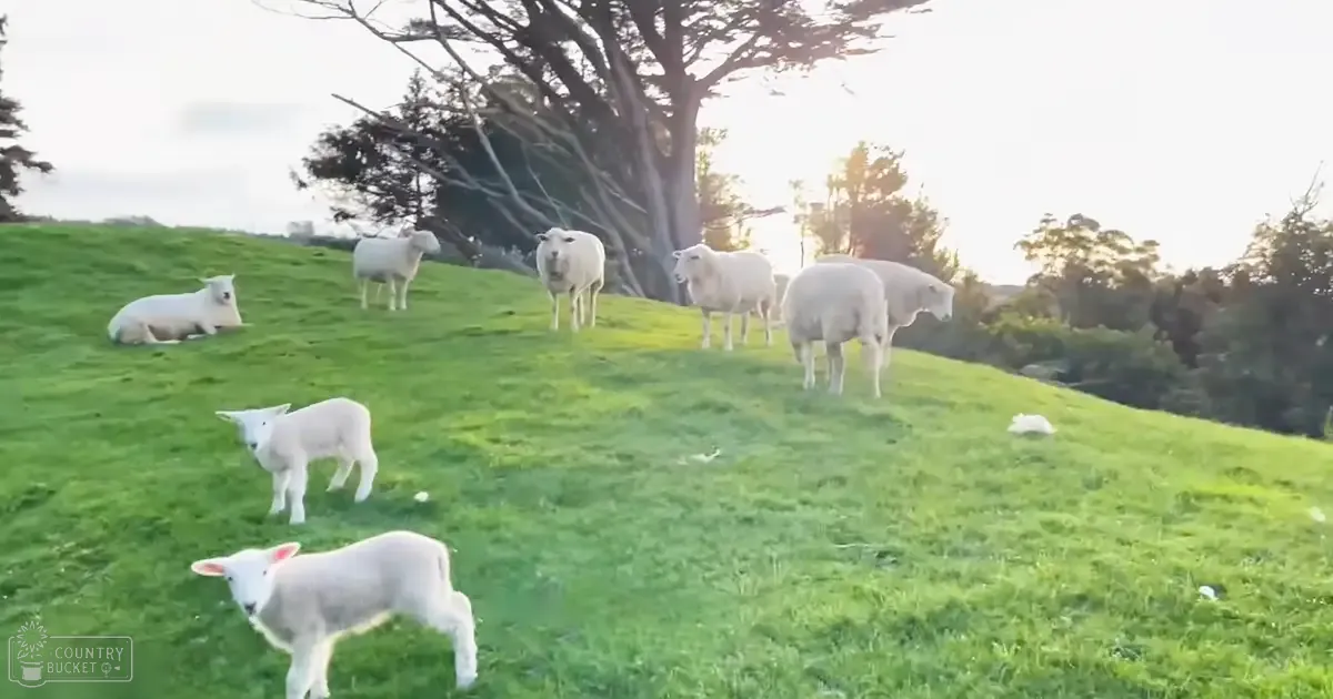 Domestic sheep with juvenile lambs grazing on a grassy hillside under early morning or late afternoon light.
