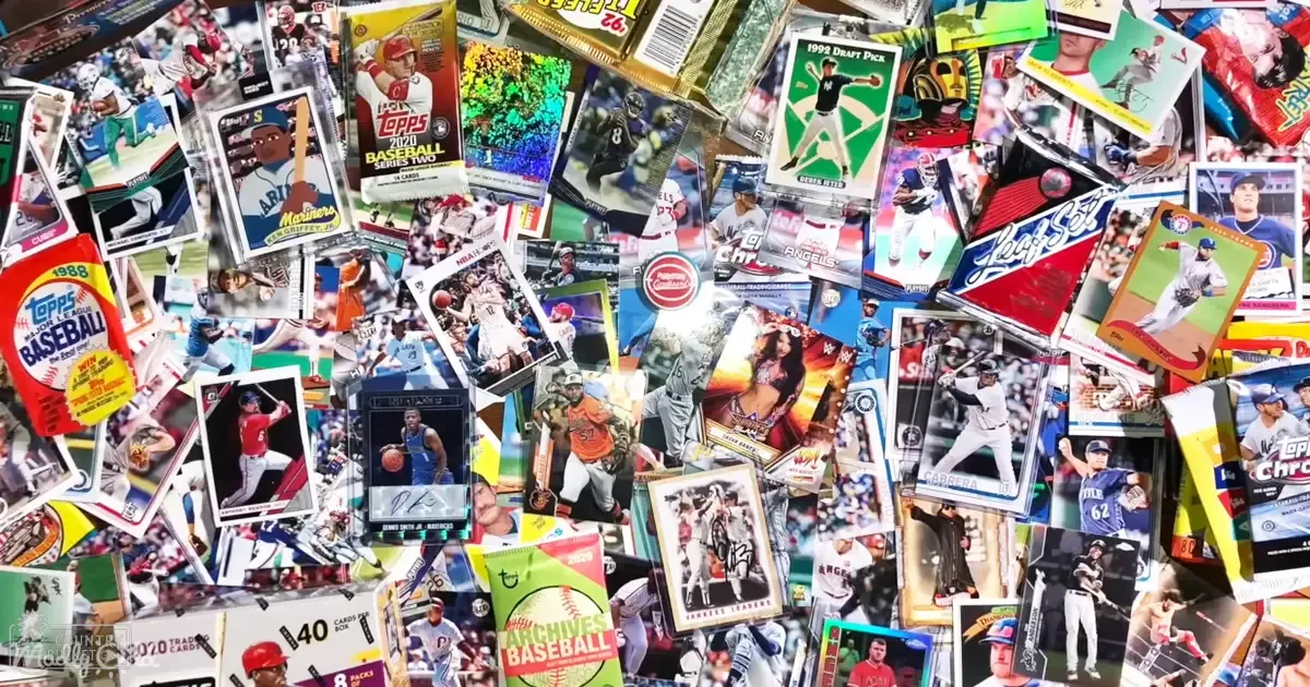 A collection of baseball trading cards displayed in a vibrant collage indoors with even lighting.