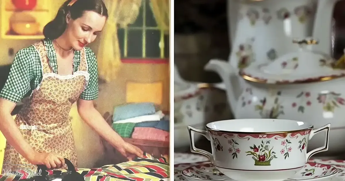 An adult female wearing a floral apron and green checkered blouse in a kitchen setting with vintage dishware and an ironing board, suggesting daytime light.
