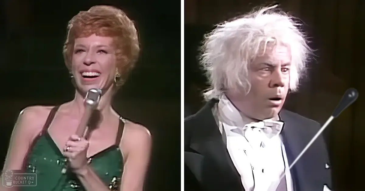 Middle-aged female performer in a green sleeveless silk or satin dress with thin straps, middle-aged male performer in a black tuxedo from the late 18th century or early 19th century on stage.
