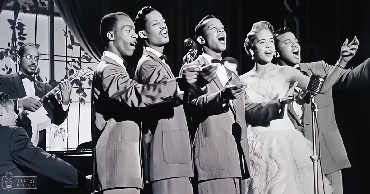 A mid-20th century American musical performance scene with a group of formally dressed adults, including an adult male singer wearing a dark suit and bow tie, and an adult female in a light-colored dress. The setting is an indoor venue with theatrical lighting, likely a theater or concert hall.
