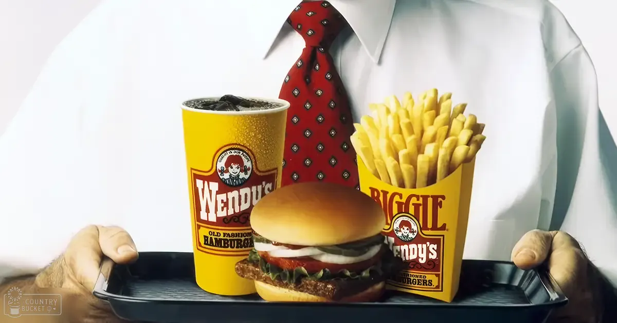 A tray holding a Wendy's Biggie Burger, a cup of soda, and a box of french fries with visible text 'Wendy's' and 'Biggie Burger', set against a plain white background.