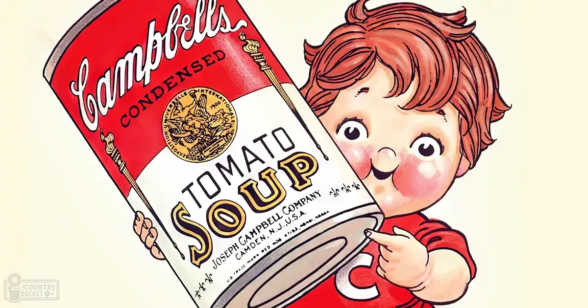 Child holding Campbell's Tomato Soup can in a red shirt with white 'C' against a minimalistic background, likely from an advertisement.