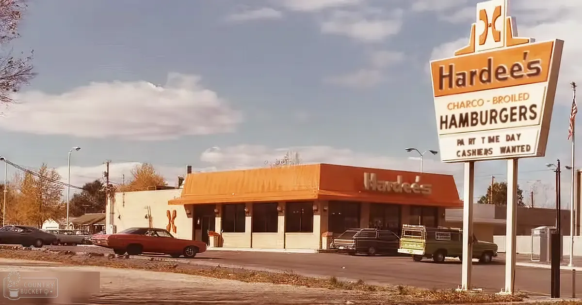 A Hardee's restaurant sign advertising burgers and part-time jobs under an orange awning against a backdrop of parked vehicles, bare trees, and clear skies.
