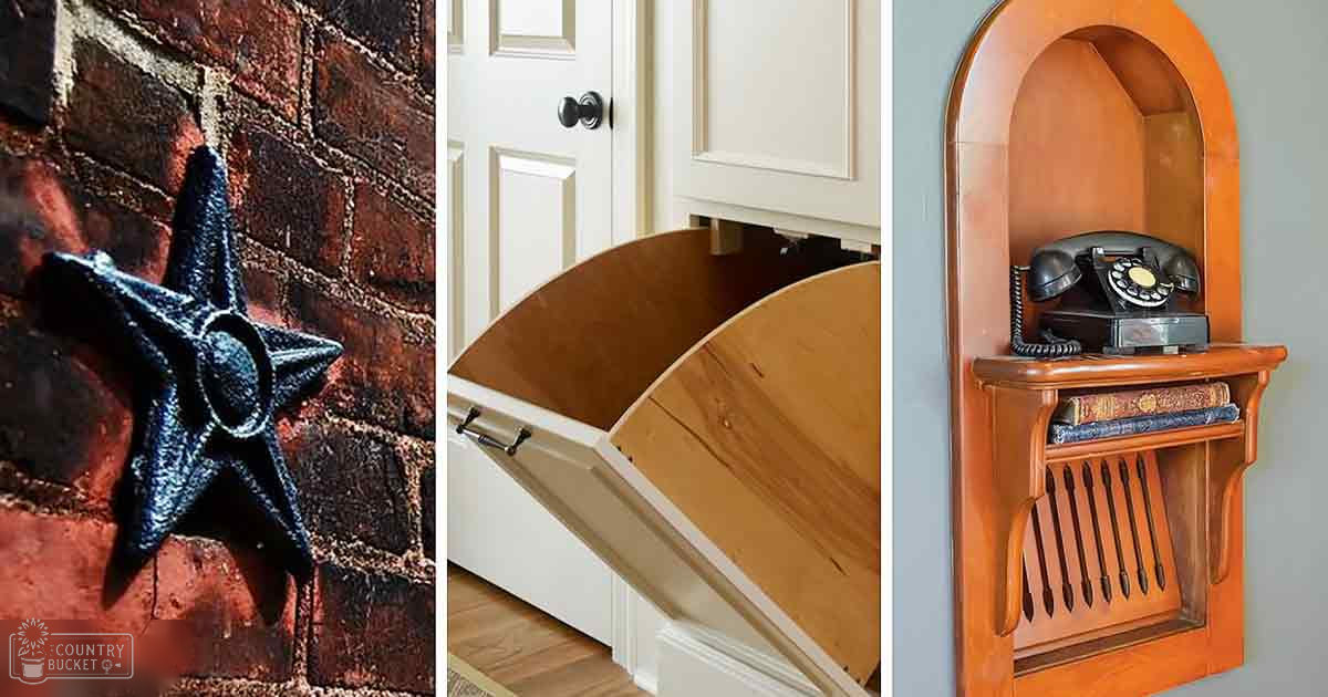 Indoor scenes with a decorative star, wooden pull-out storage unit, and old-fashioned telephone setup against brick walls and wooden shelves.