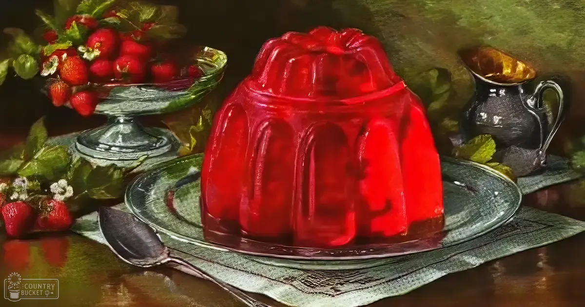 A vibrant red jelly dessert served on a clear glass plate, accompanied by fresh strawberries with green leaves and white flowers, set against a backdrop of a dark wooden table in an indoor kitchen setting.