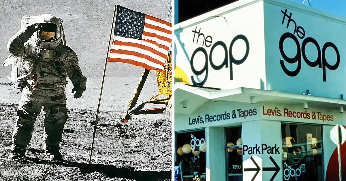 An astronaut in a space suit with Apollo-era nylon or polyester standing next to a U.S. flag on the lunar surface; urban storefronts of 'The Gap' and 'Levi's, Records & Tapes' visible in background during daytime