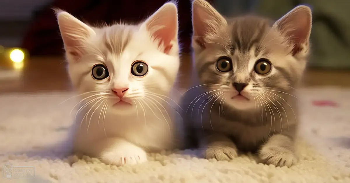 Two tabby kittens with white and gray markings, resting in a softly lit indoor setting.