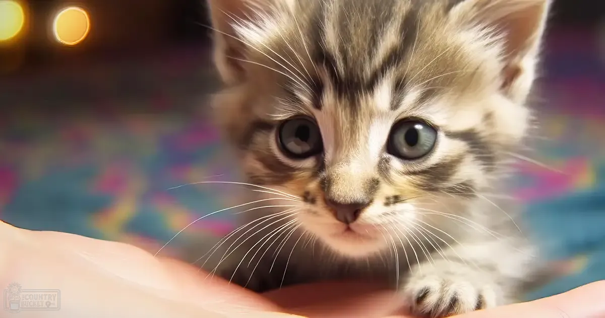 A tabby kitten with light brown fur and darker stripes sits indoors against a softly lit, colorful background.
