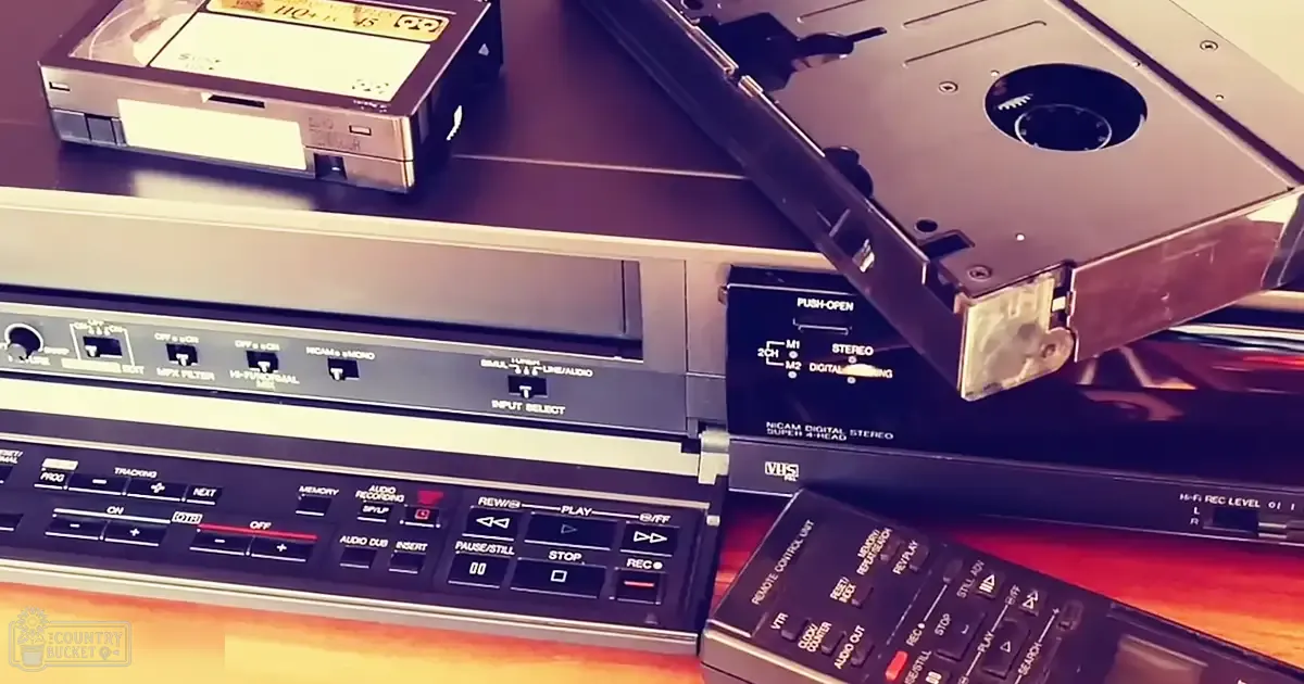 Indoor setting with vintage VHS player setup, wooden surface, various electronic devices.