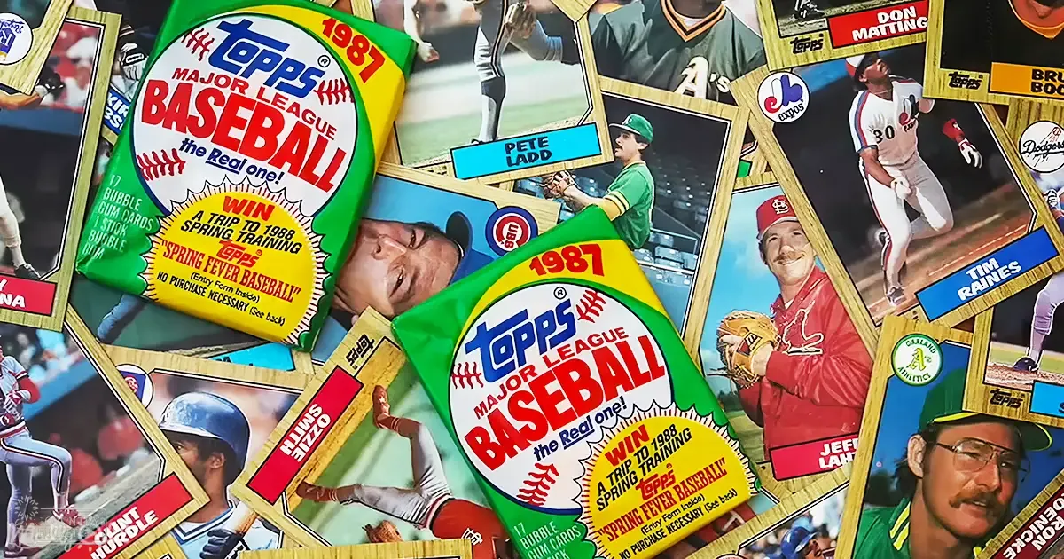 Close-up of 1987 Topps Major League Baseball trading cards with green, yellow, red, and white packaging details.