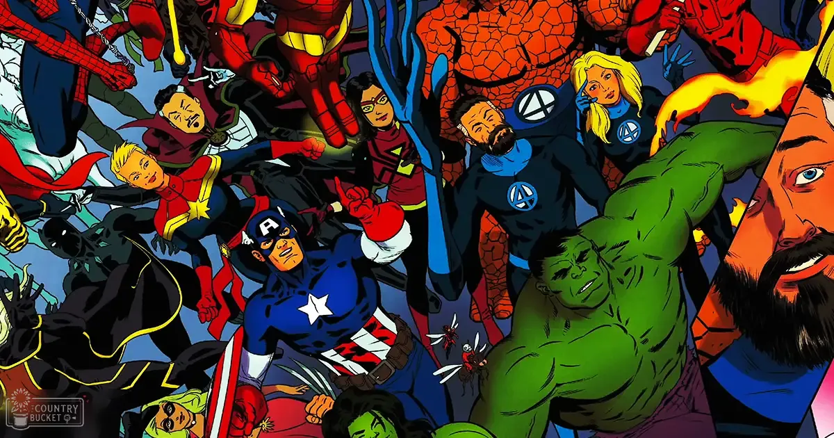 A dynamic action scene with a group of superheroes in various combat-ready costumes against an illustrated cityscape backdrop.