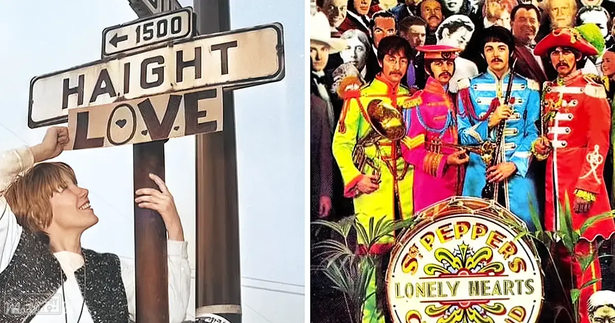 A street sign reading 'HAIGHT' pointing left to 1500 on Haight Street in San Francisco, with a young adult female and four Beatles-inspired soldiers in the background.